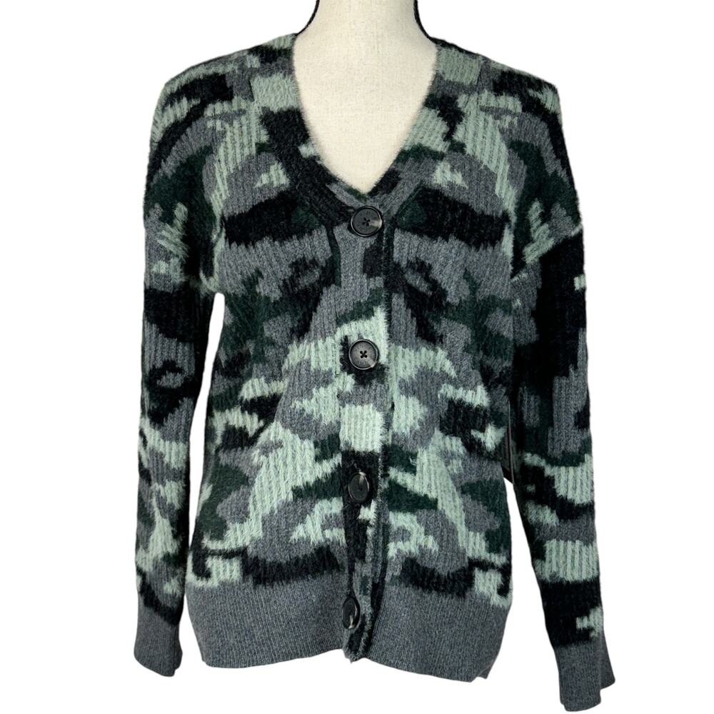 Vince Camuto Small Sweater Cardigan Button-Up Camo Long Sleeve V-Neck Fuzzy New